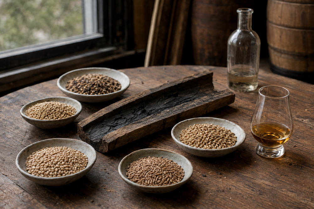 Oregon barley and rye samples, charred oak, and whiskey on a distillery worktable