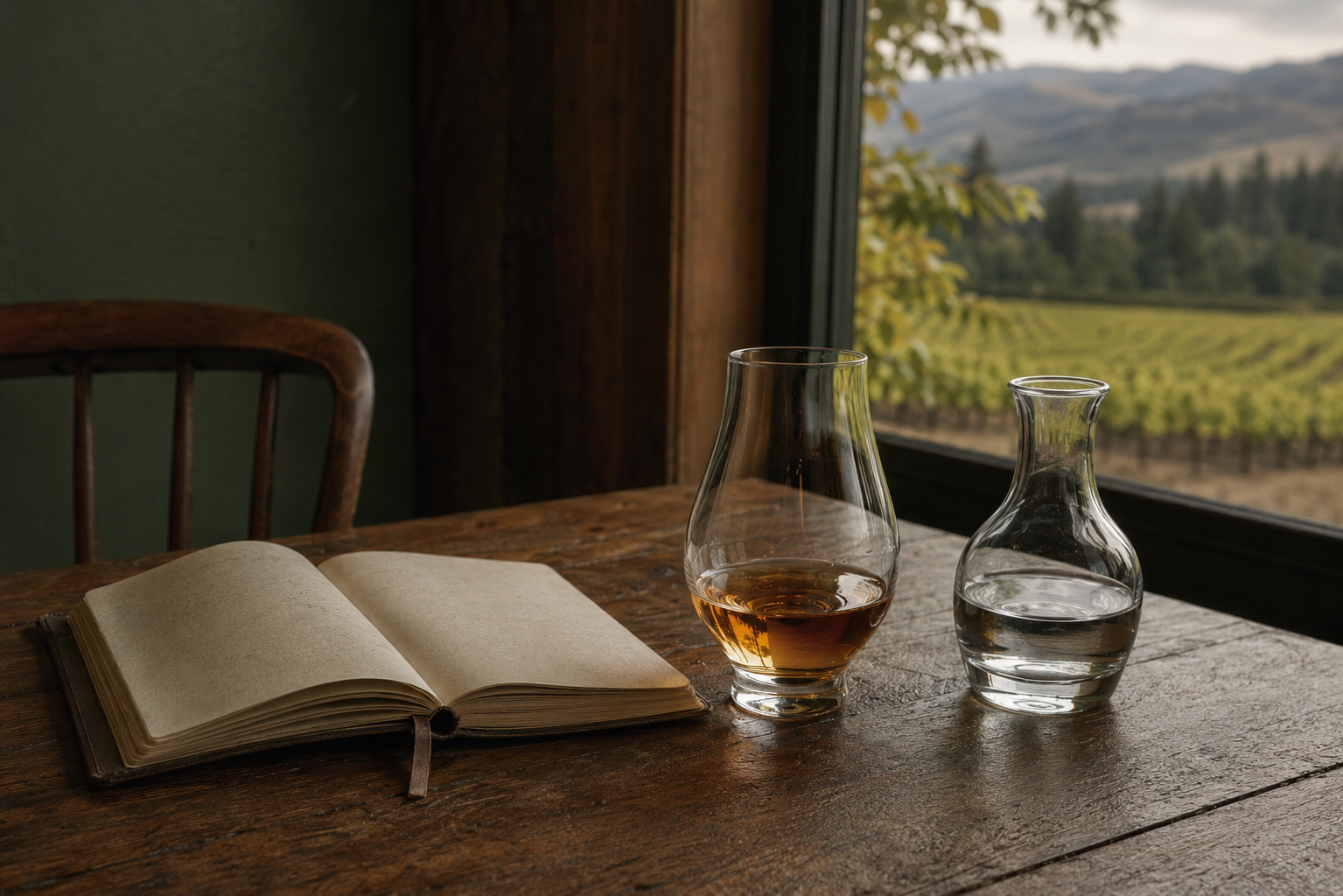 Whiskey tasting glass, water carafe, and notebook overlooking Oregon wine country