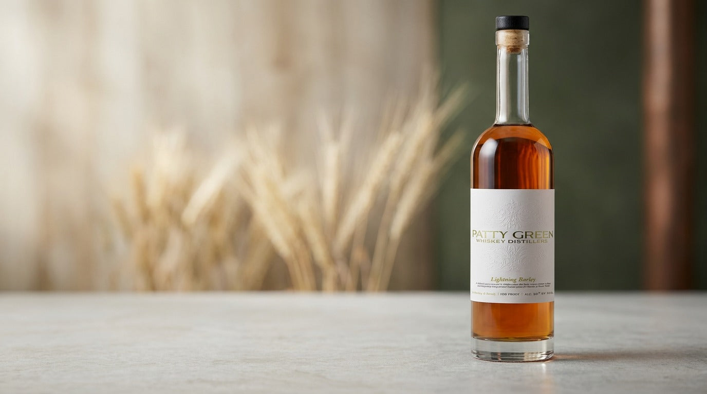Patty Green Lightning Barley Whiskey bottle in a softly lit barley setting