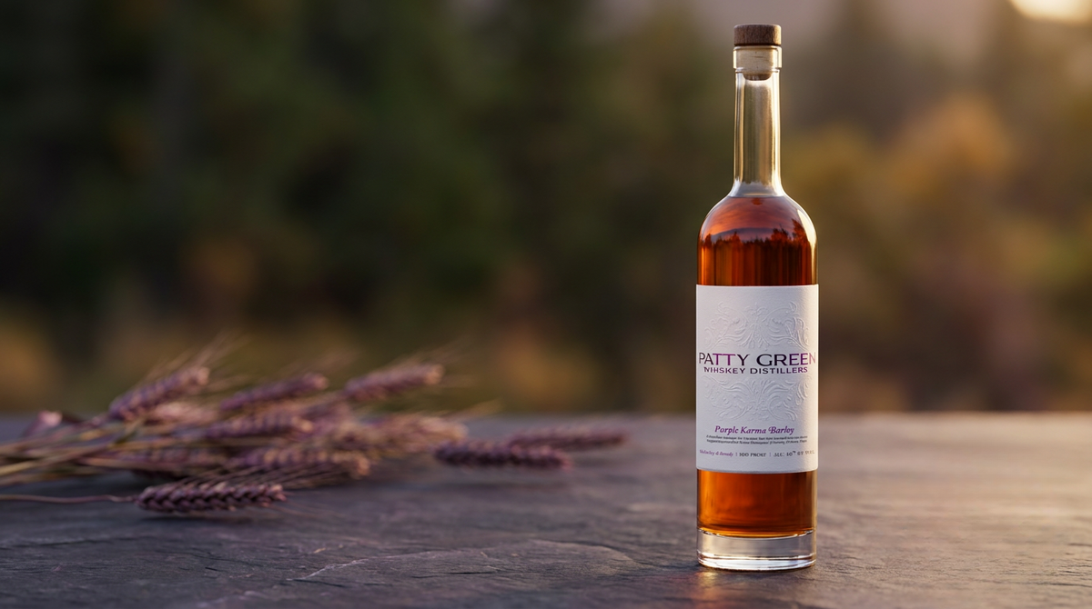 Purple Karma Barley Whiskey bottle with purple barley in warm Oregon light