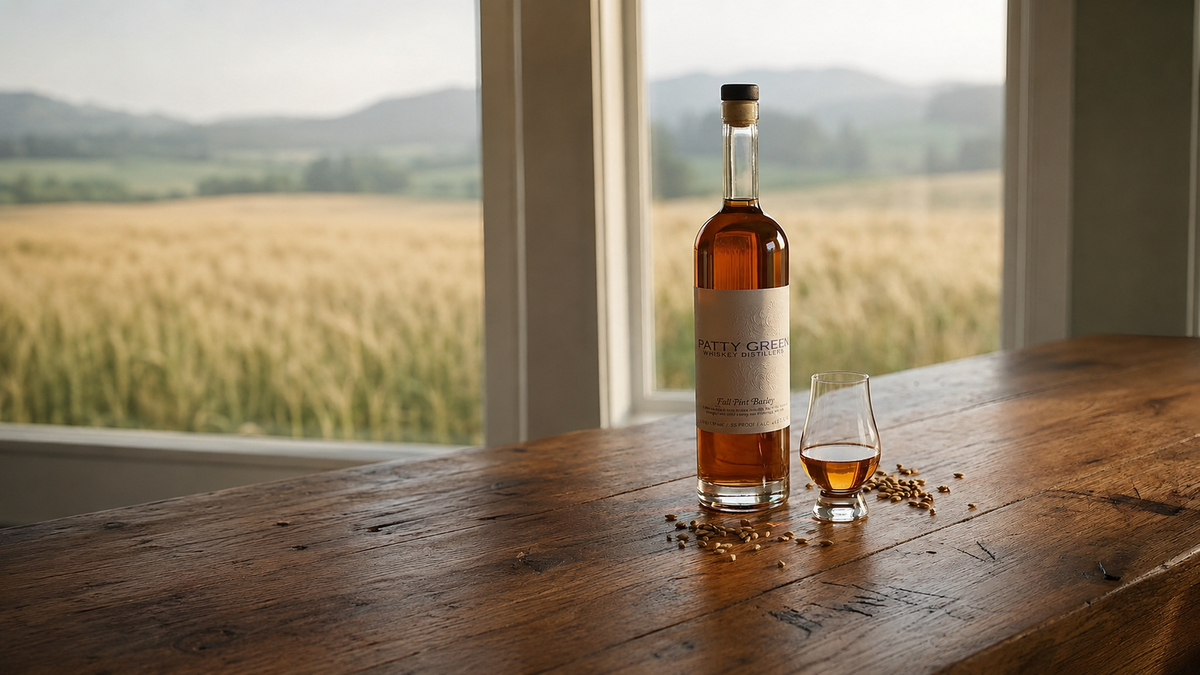 Patty Green Full Pint Barley Whiskey and tasting glass overlooking Oregon grain fields