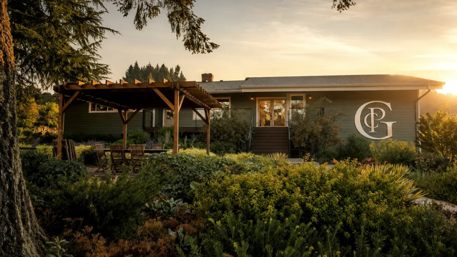 Patricia Green Cellars winery at golden hour in Newberg, Oregon