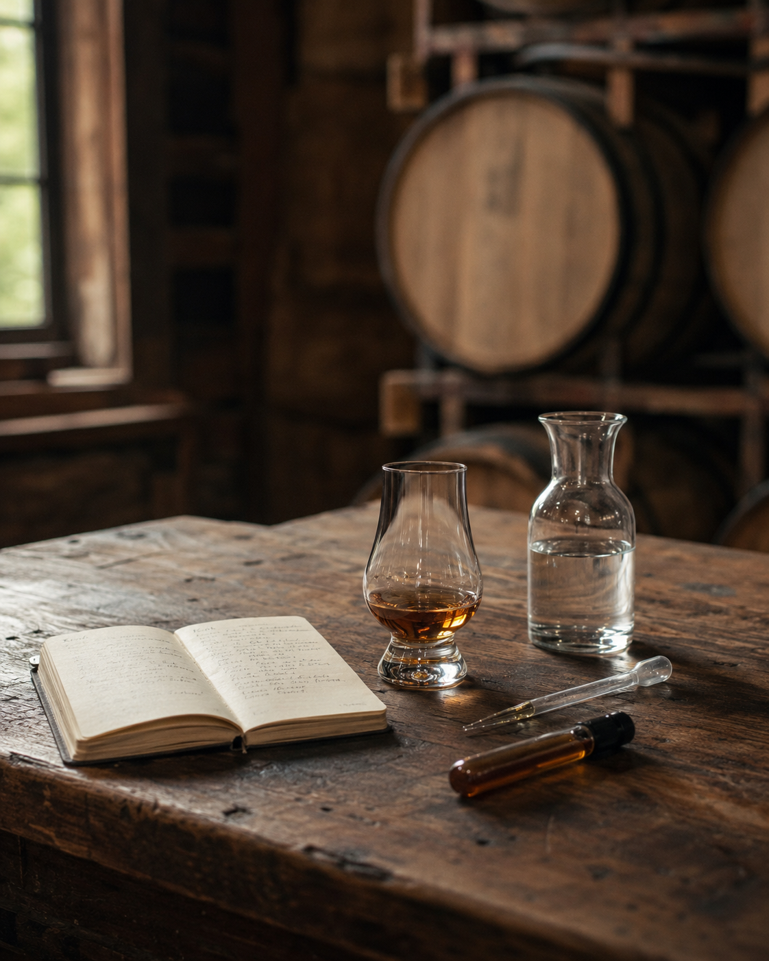 Whiskey evaluation glass, water, pipette, and tasting notebook on an oak worktable