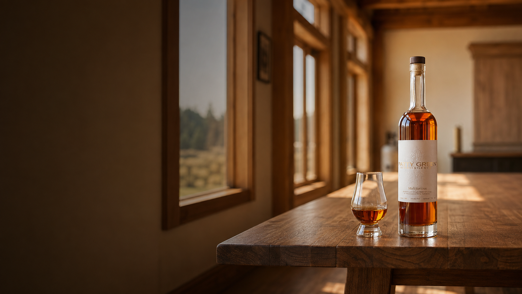 Patty Green Multifarious whiskey and tasting glass in the winery tasting room