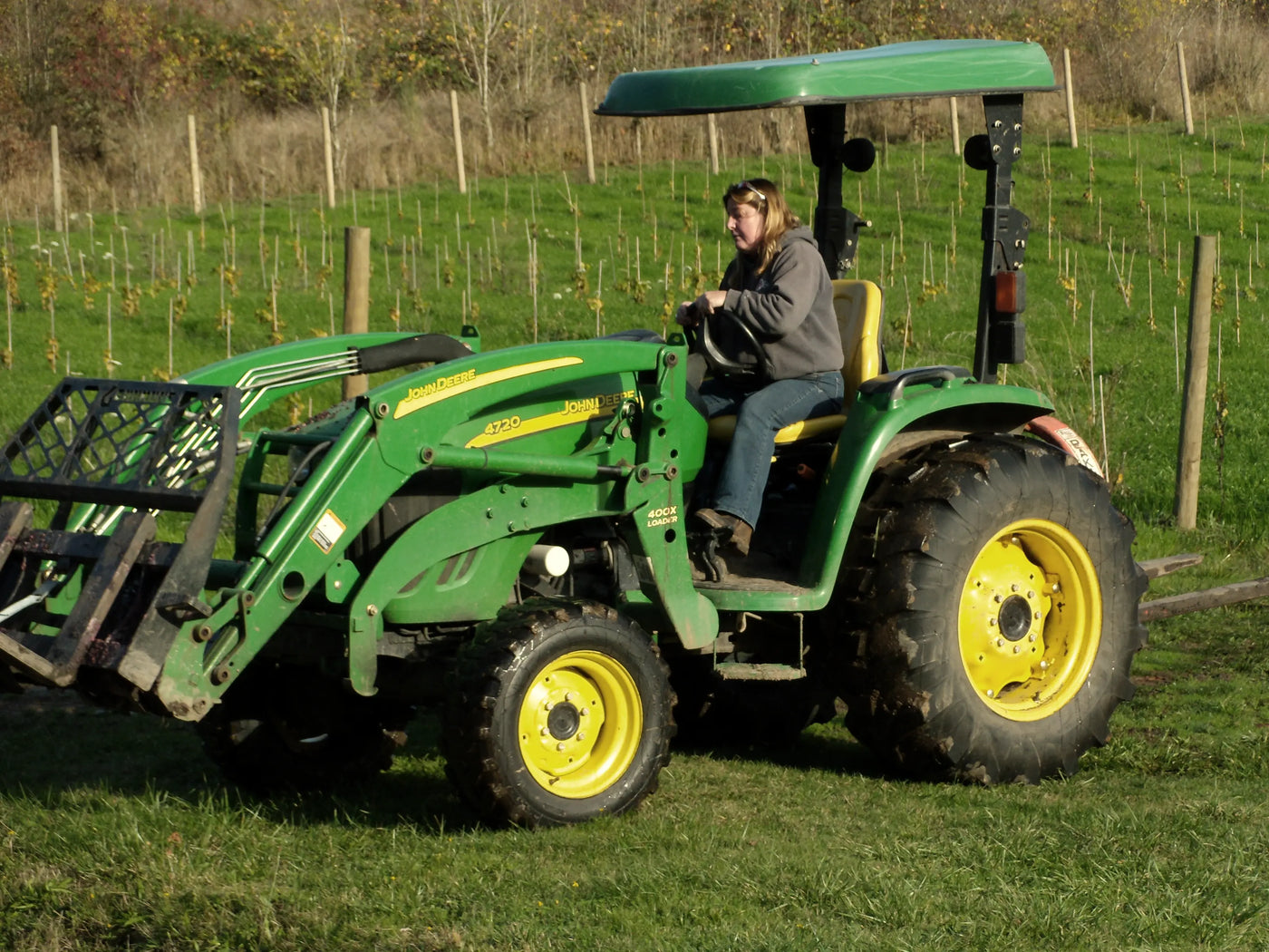 Patty Green driving a tractor through the vineyard
