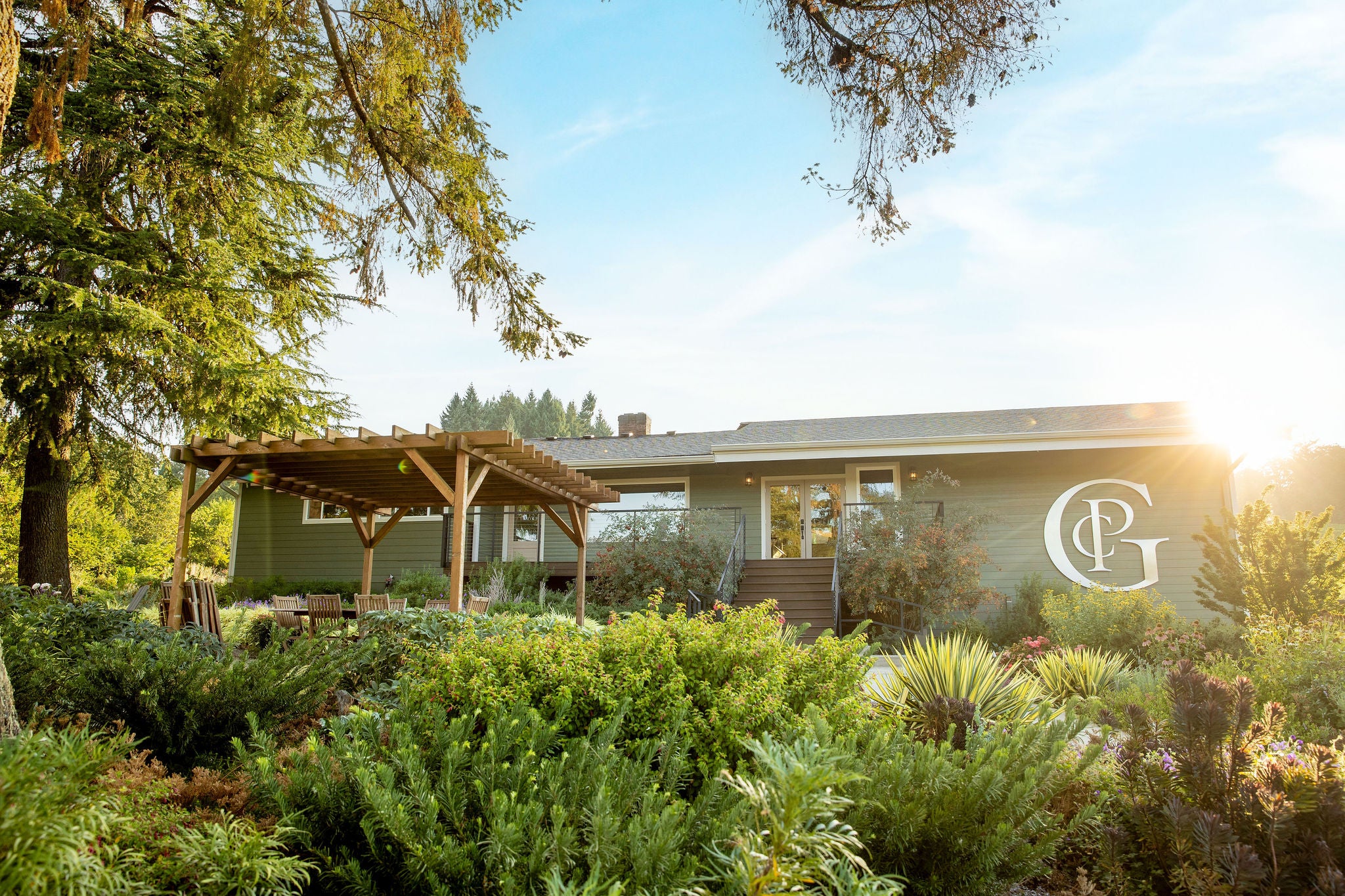 Patricia Green Cellars exterior and gardens in warm evening light
