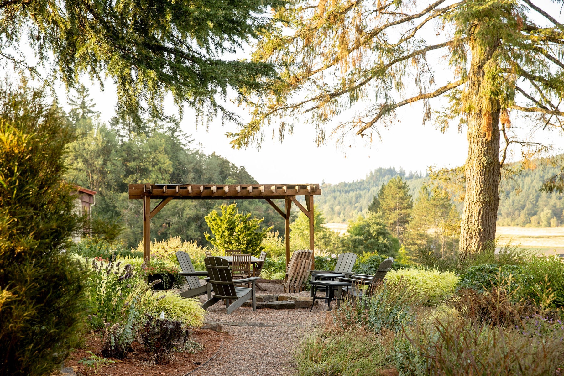 Garden seating beneath the trees at Patricia Green Cellars