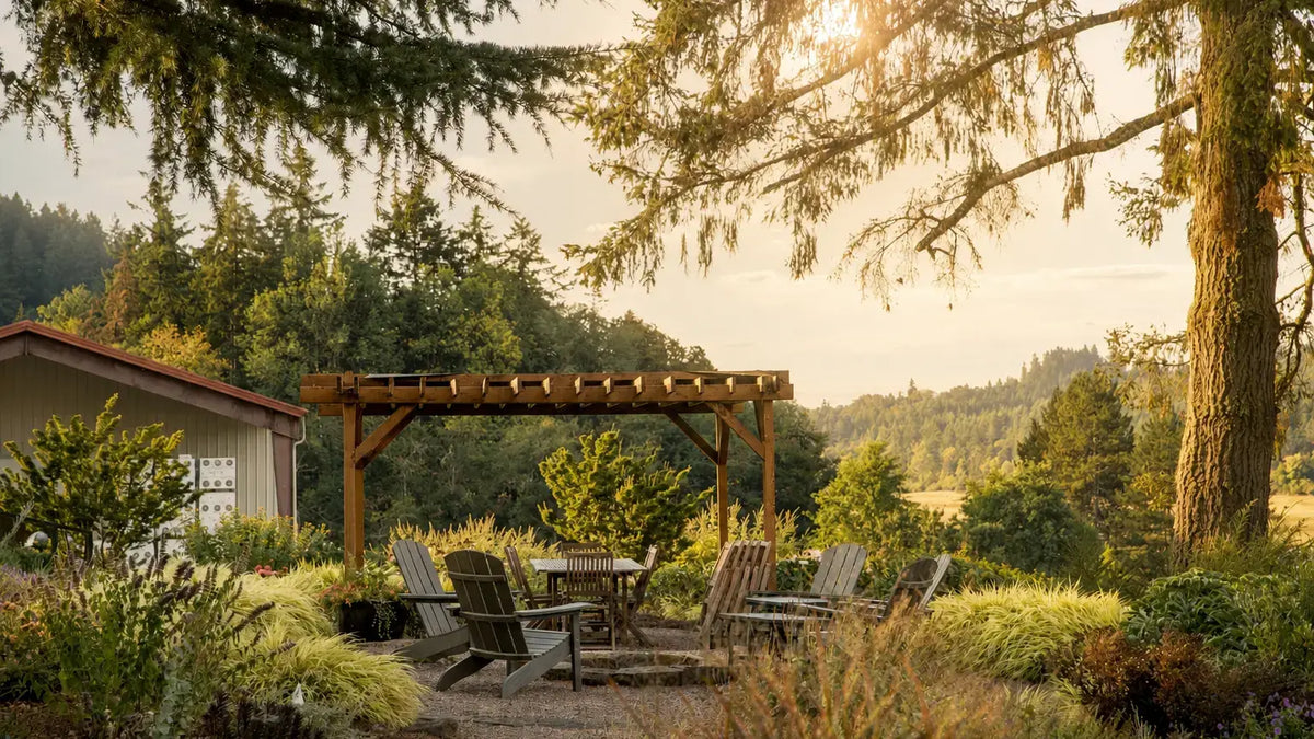 Garden seating at Patricia Green Cellars in Oregon wine country